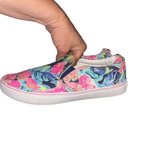 Lilly Pulitzer Sneakers Size 8 Pink Blue Tropical Floral Canvas Slip On - Picture 5 of 13